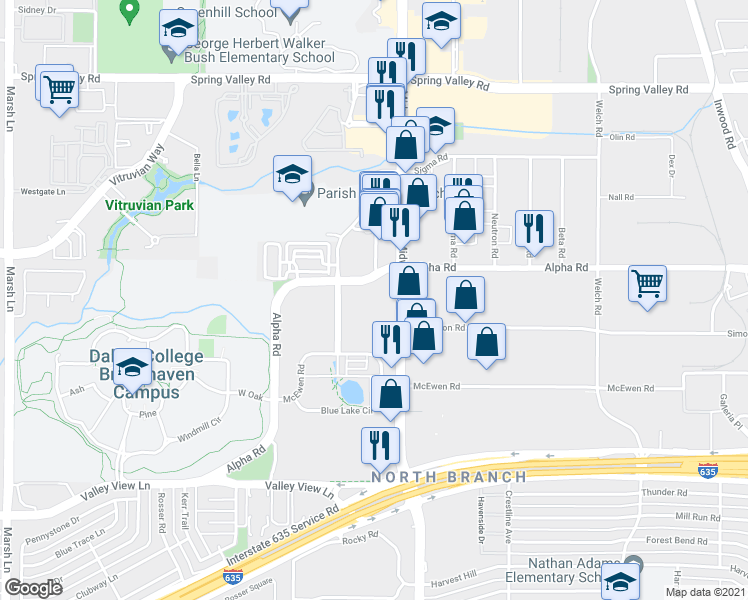 map of restaurants, bars, coffee shops, grocery stores, and more near 4100 Alpha Road in Farmers Branch