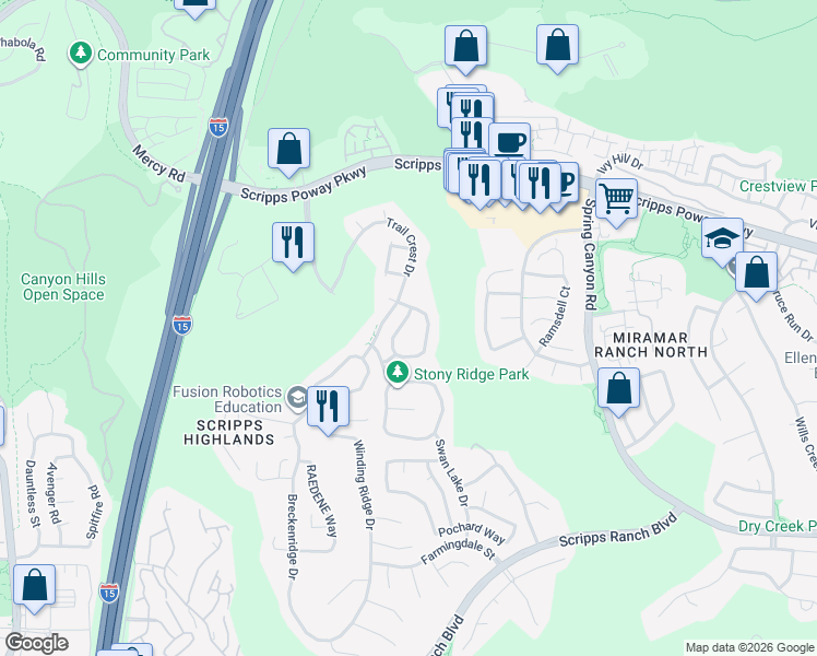 map of restaurants, bars, coffee shops, grocery stores, and more near 11751 Ashlock Way in San Diego