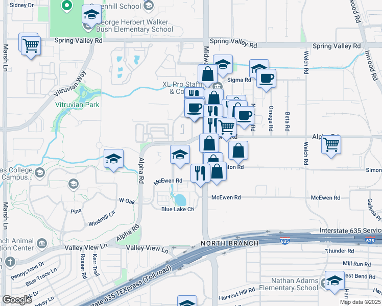 map of restaurants, bars, coffee shops, grocery stores, and more near 4100 Alpha Road in Dallas