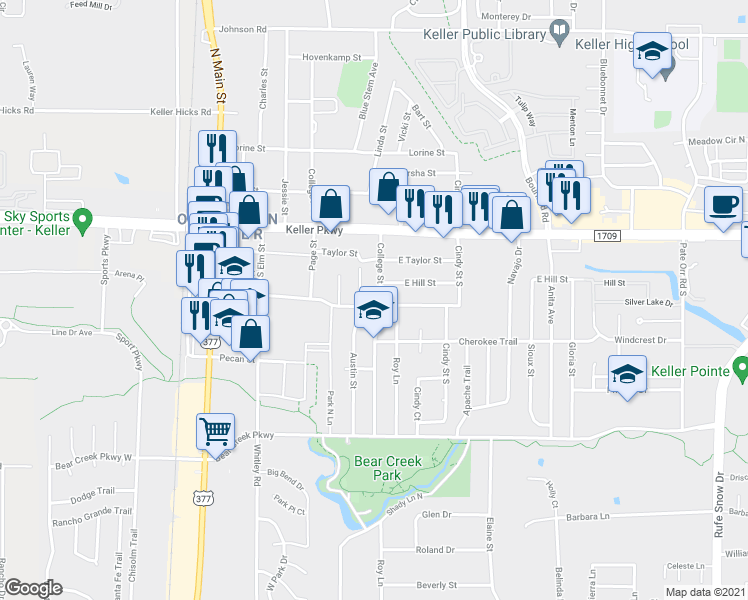 map of restaurants, bars, coffee shops, grocery stores, and more near 371 East Vine Street in Keller