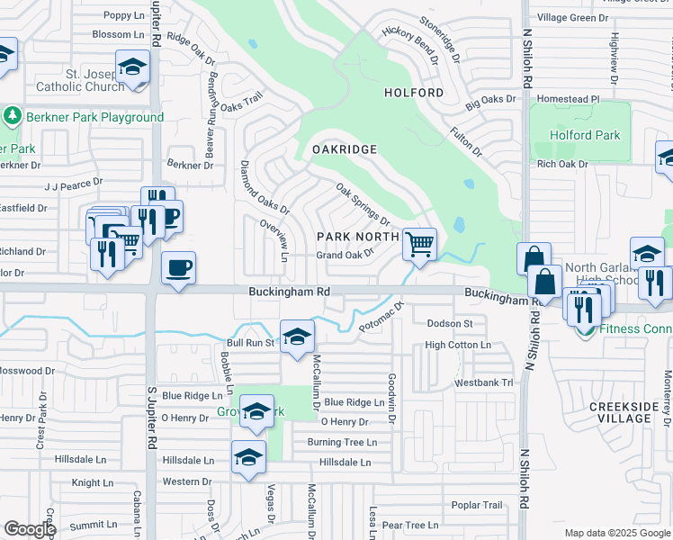 map of restaurants, bars, coffee shops, grocery stores, and more near 2906 Grand Oak Drive in Garland