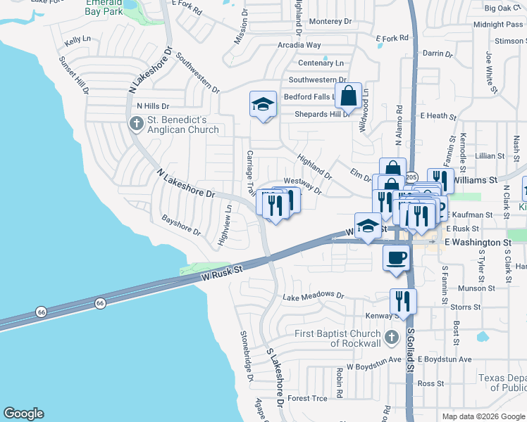 map of restaurants, bars, coffee shops, grocery stores, and more near 204 Alta Vista Drive in Rockwall