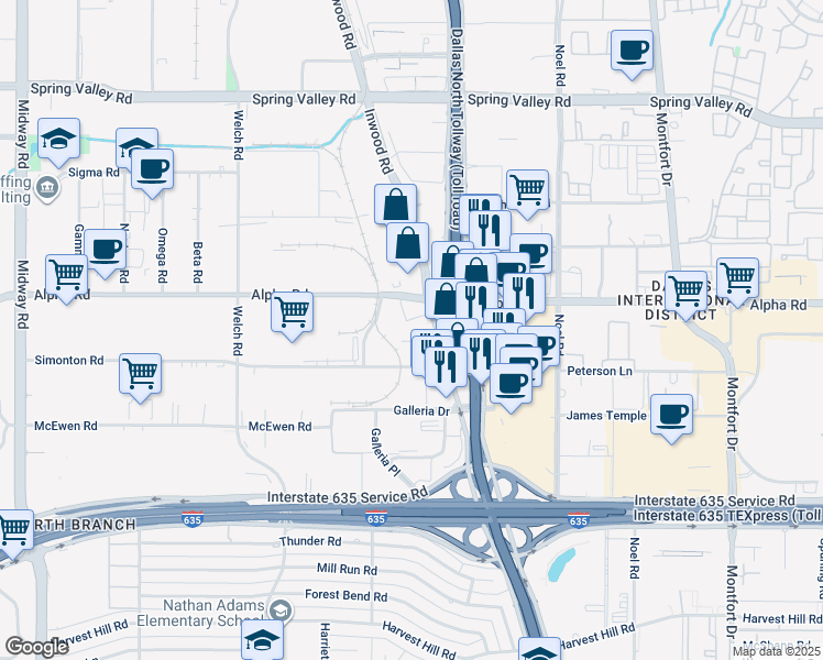 map of restaurants, bars, coffee shops, grocery stores, and more near in Farmers Branch