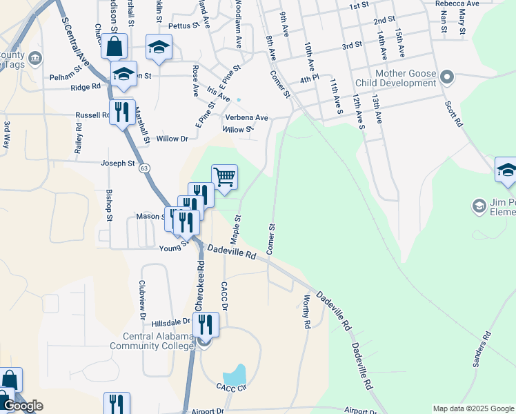 map of restaurants, bars, coffee shops, grocery stores, and more near 1060 Comer Street in Alexander City