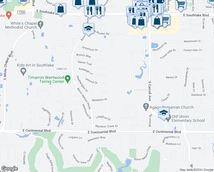 map of restaurants, bars, coffee shops, grocery stores, and more near 807 Oakcrest Court in Southlake