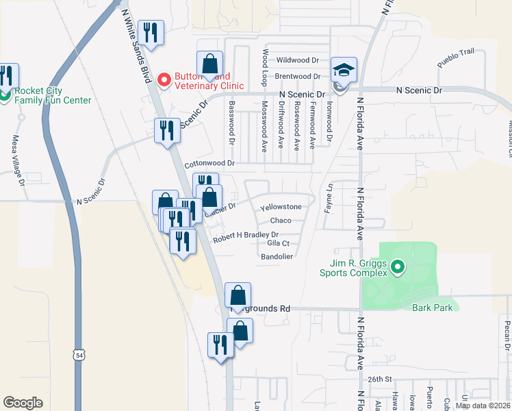 map of restaurants, bars, coffee shops, grocery stores, and more near 309 Yellowstone in Alamogordo