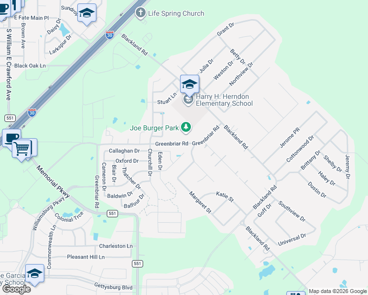 map of restaurants, bars, coffee shops, grocery stores, and more near 348 Chamberlain Drive in Royse City