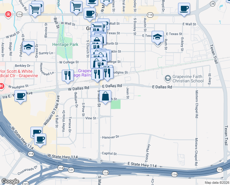 map of restaurants, bars, coffee shops, grocery stores, and more near 308 East Dallas Road in Grapevine