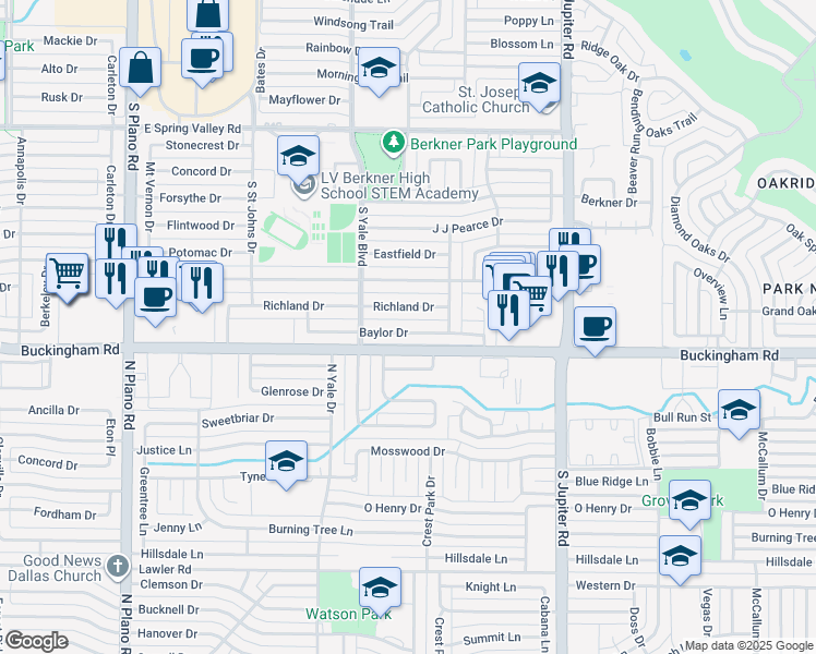 map of restaurants, bars, coffee shops, grocery stores, and more near 1901 Baylor Drive in Richardson