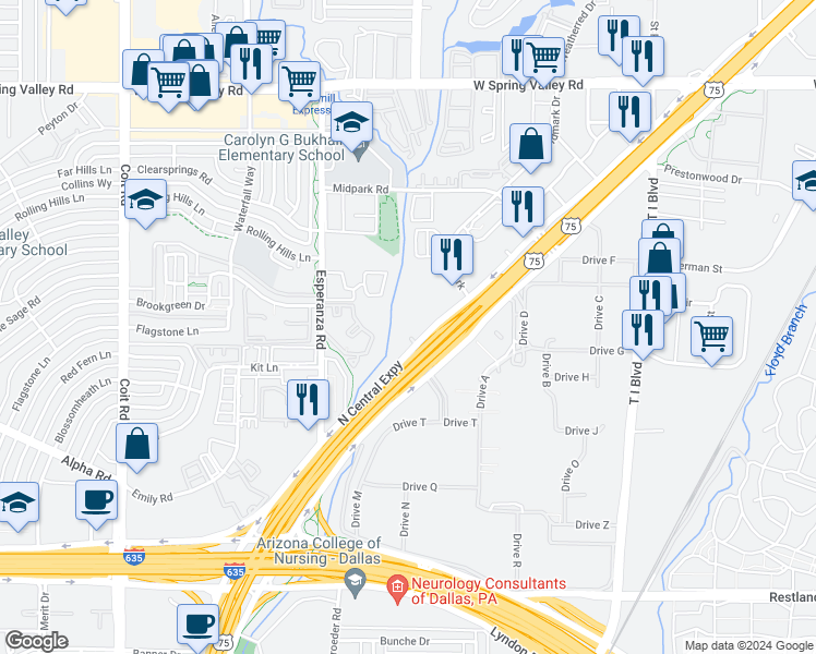 map of restaurants, bars, coffee shops, grocery stores, and more near 13447 North Central Expressway in Dallas