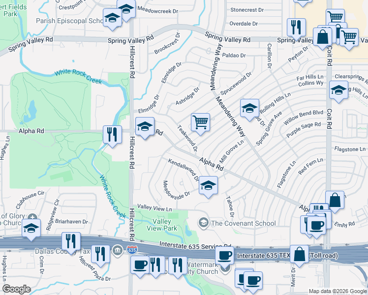 map of restaurants, bars, coffee shops, grocery stores, and more near 13518 Peyton Drive in Dallas