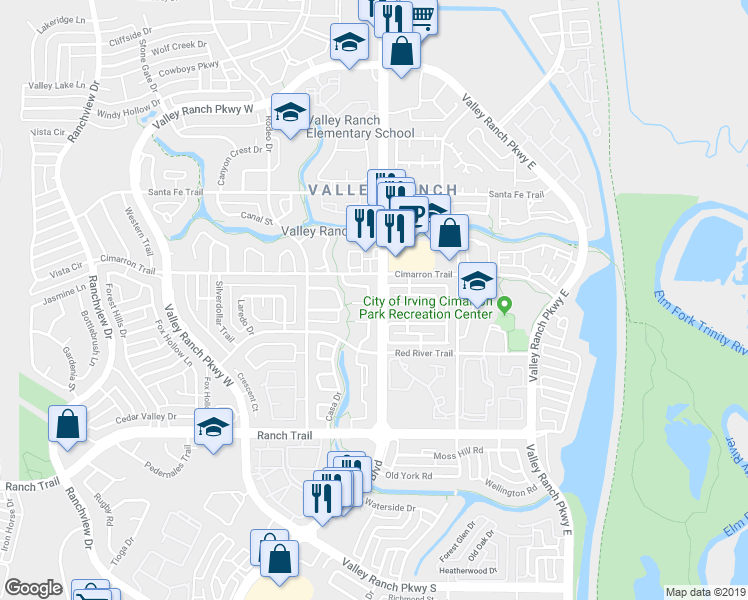 map of restaurants, bars, coffee shops, grocery stores, and more near 9116 Cumberland Drive in Irving