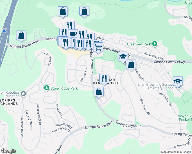 map of restaurants, bars, coffee shops, grocery stores, and more near 10833 Caminito Arcada in San Diego