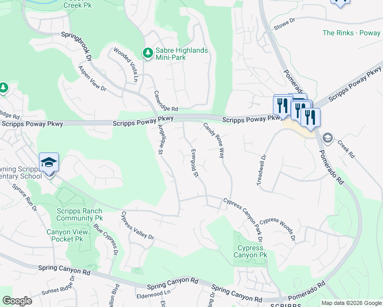 map of restaurants, bars, coffee shops, grocery stores, and more near 11752 Evergold Street in San Diego