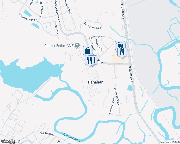 map of restaurants, bars, coffee shops, grocery stores, and more near 2000 Channel Park Drive in Hanahan