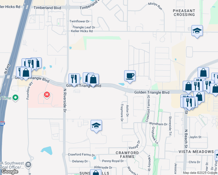 map of restaurants, bars, coffee shops, grocery stores, and more near 3822 Golden Triangle Boulevard in Fort Worth