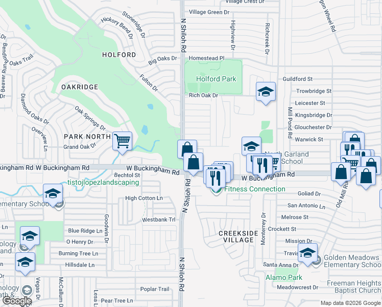 map of restaurants, bars, coffee shops, grocery stores, and more near 2046 North Shiloh Road in Garland
