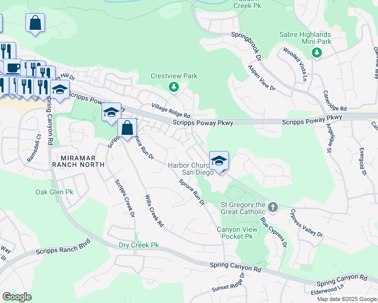 map of restaurants, bars, coffee shops, grocery stores, and more near 11802 Cypress Canyon Road in San Diego