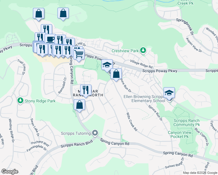 map of restaurants, bars, coffee shops, grocery stores, and more near 11044 Poinsett Road in San Diego