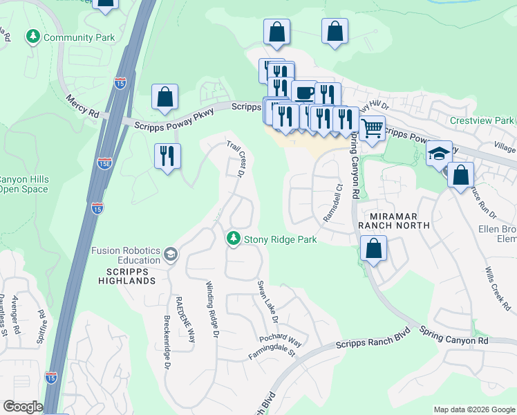 map of restaurants, bars, coffee shops, grocery stores, and more near 11793 Ridge Run Way in San Diego
