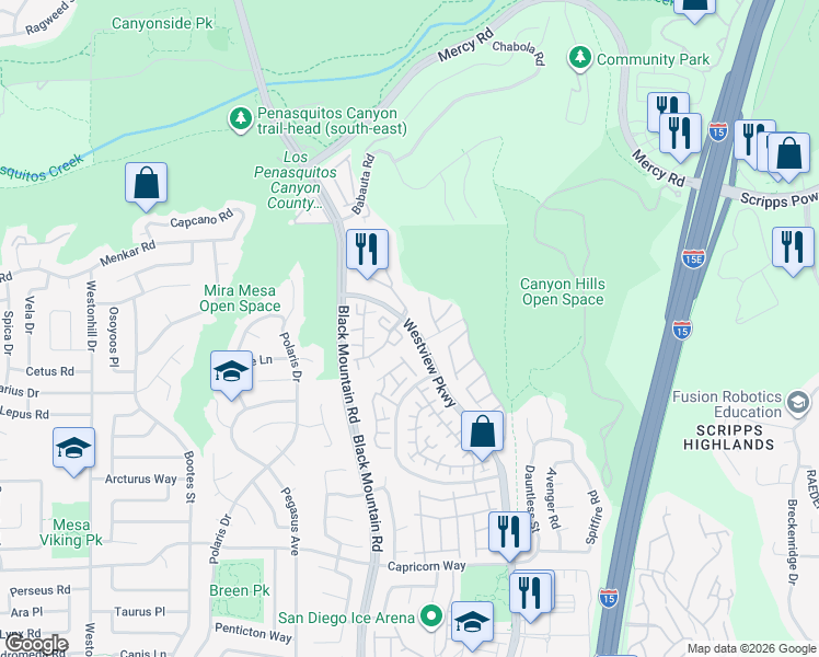 map of restaurants, bars, coffee shops, grocery stores, and more near 9420 Questa Pointe in San Diego