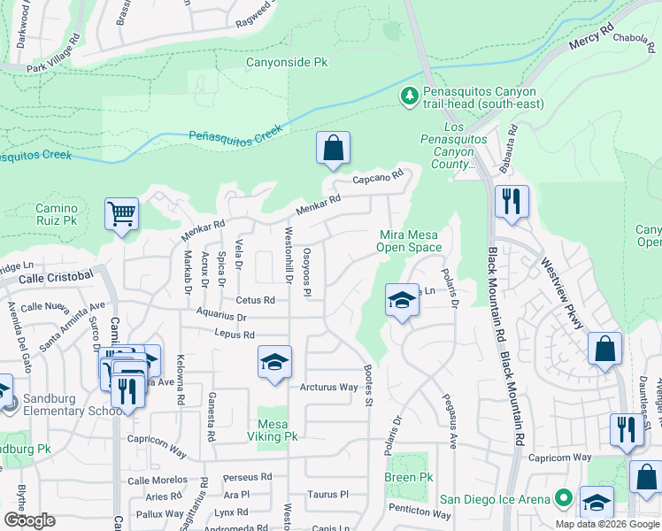 map of restaurants, bars, coffee shops, grocery stores, and more near 11477 Bootes Street in San Diego