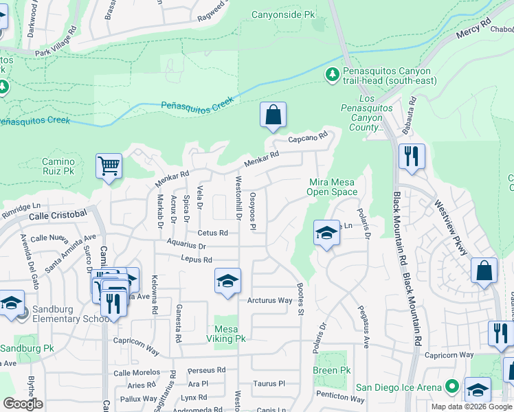 map of restaurants, bars, coffee shops, grocery stores, and more near 11472 Osoyoos Place in San Diego