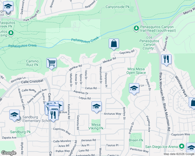 map of restaurants, bars, coffee shops, grocery stores, and more near 11392 Volans Street in San Diego