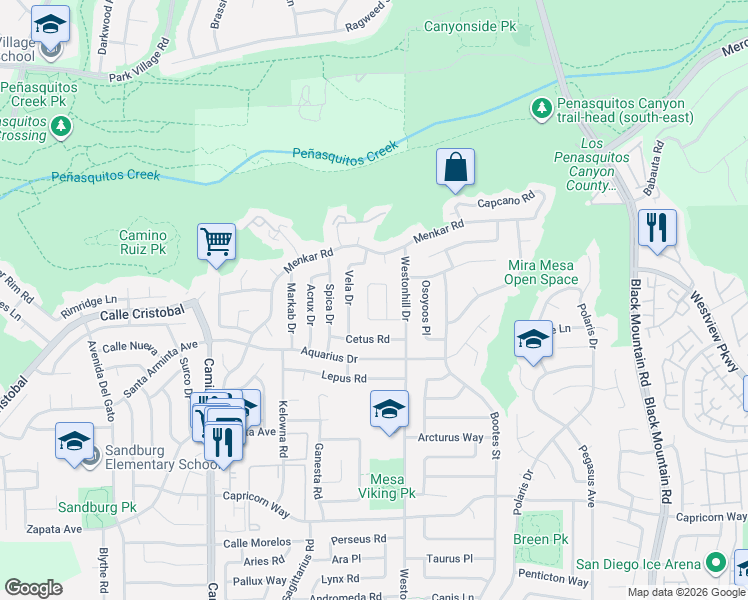 map of restaurants, bars, coffee shops, grocery stores, and more near 11448 Volans Street in San Diego