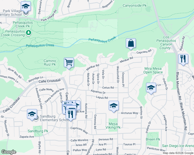 map of restaurants, bars, coffee shops, grocery stores, and more near 11407 Acrux Drive in San Diego