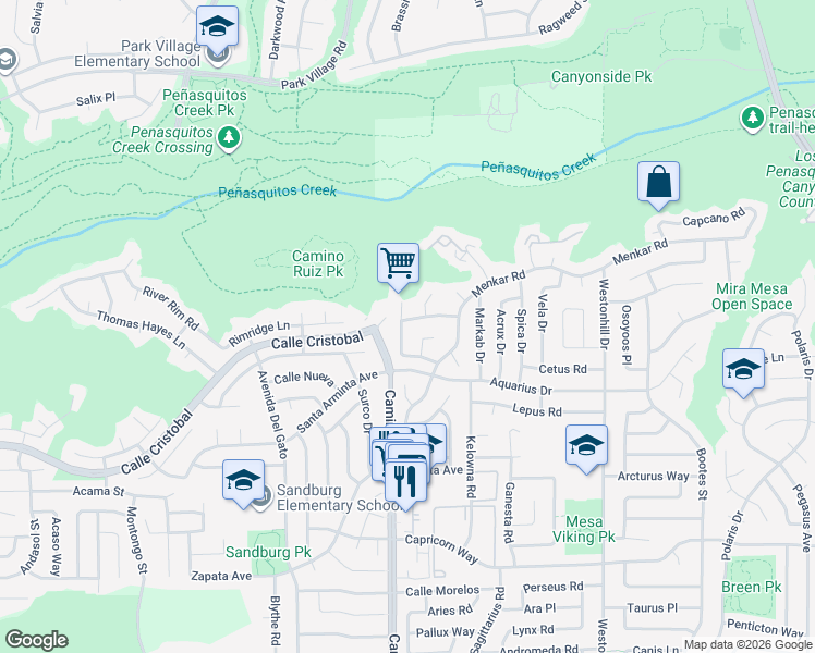 map of restaurants, bars, coffee shops, grocery stores, and more near 11806 Jonny Lane in San Diego