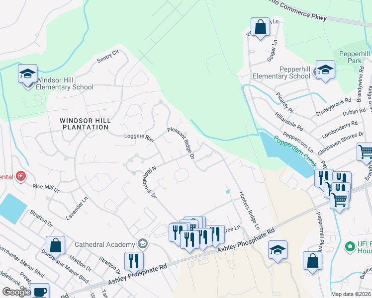 map of restaurants, bars, coffee shops, grocery stores, and more near 8206 Pleasant Ridge Drive in Charleston