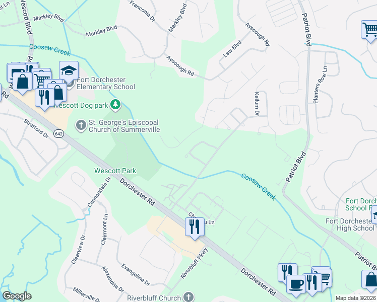 map of restaurants, bars, coffee shops, grocery stores, and more near 9153 Markleys Grove Boulevard in Summerville