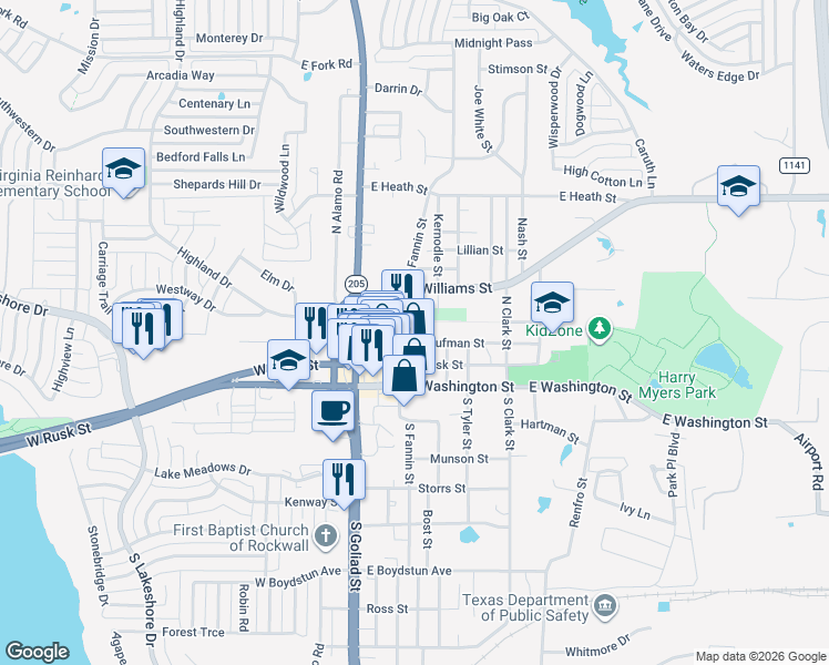 map of restaurants, bars, coffee shops, grocery stores, and more near 407 Kernodle Street in Rockwall