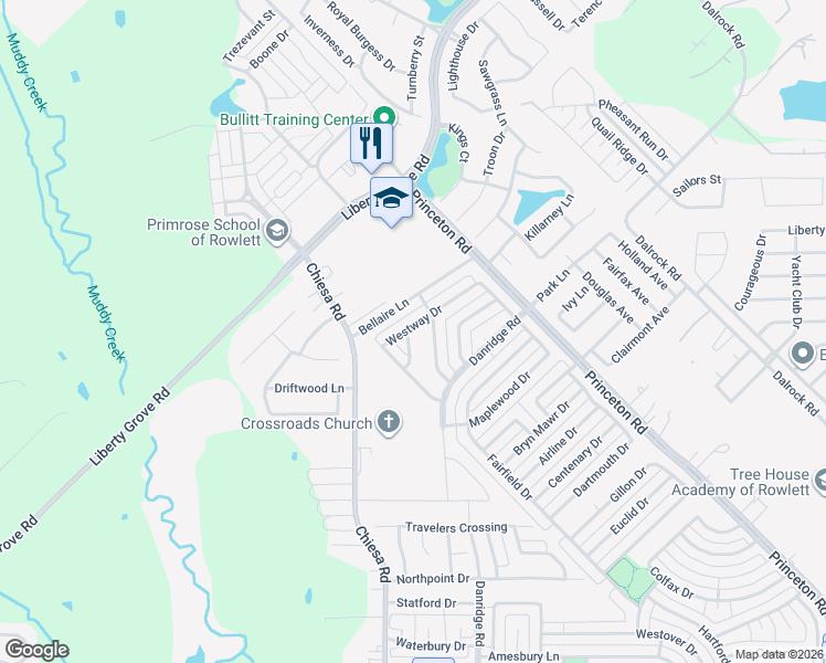 map of restaurants, bars, coffee shops, grocery stores, and more near 7313 Westway Drive in Rowlett