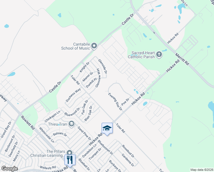 map of restaurants, bars, coffee shops, grocery stores, and more near 3802 Dunhill Place in Rowlett