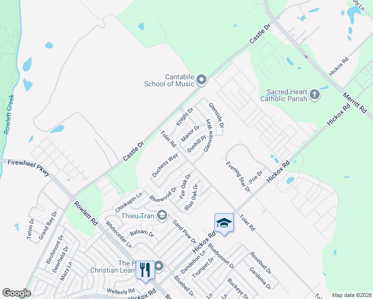 map of restaurants, bars, coffee shops, grocery stores, and more near 3413 Dunhill Place in Rowlett