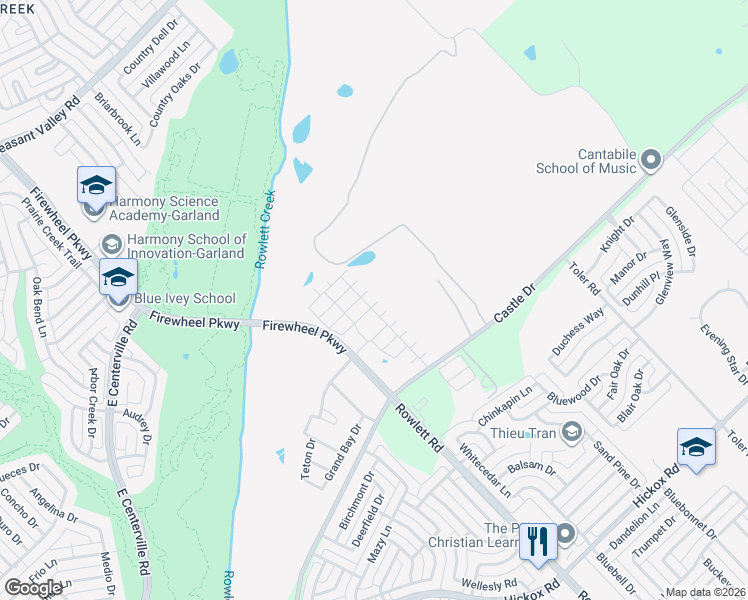 map of restaurants, bars, coffee shops, grocery stores, and more near 2900 Castle Drive in Garland