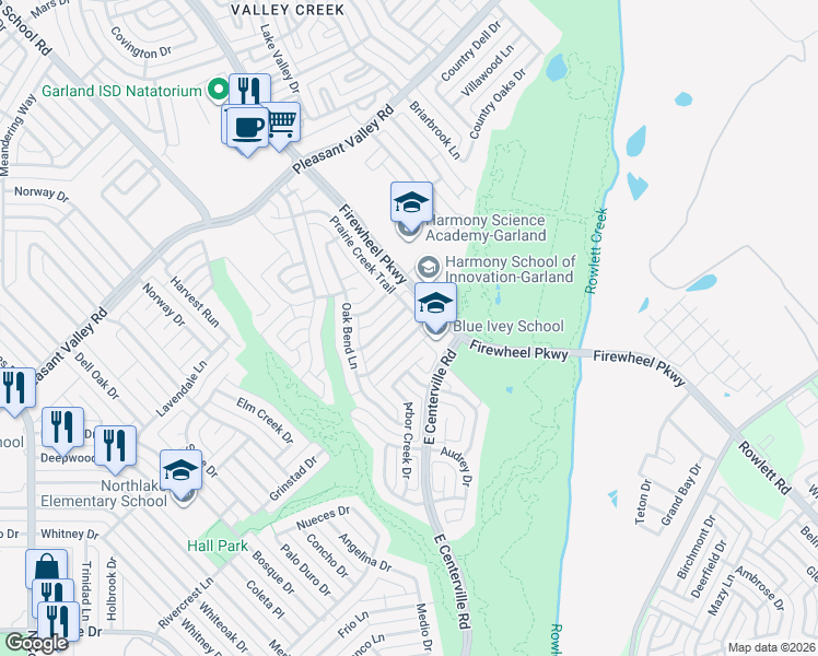 map of restaurants, bars, coffee shops, grocery stores, and more near 1910 Prairie Creek Trail in Garland