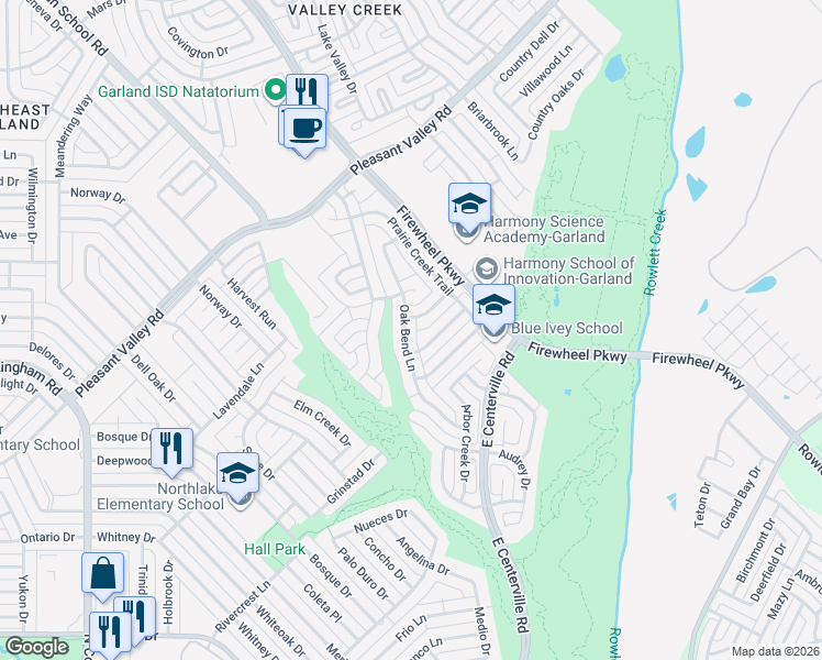 map of restaurants, bars, coffee shops, grocery stores, and more near 2025 Oak Bend Lane in Garland