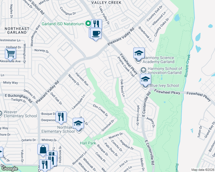 map of restaurants, bars, coffee shops, grocery stores, and more near 2065 Oakglen Drive in Garland