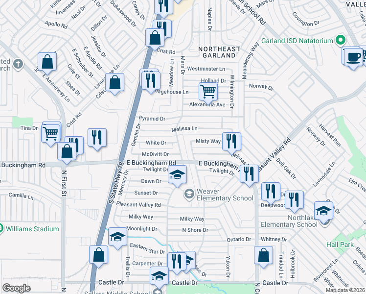 map of restaurants, bars, coffee shops, grocery stores, and more near 1010 Misty Way in Garland