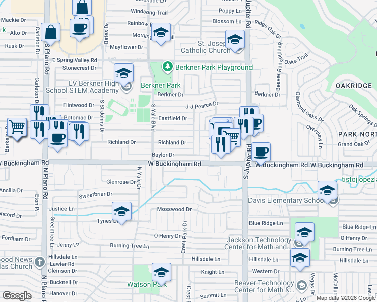 map of restaurants, bars, coffee shops, grocery stores, and more near 1904 Richland Drive in Richardson