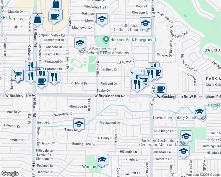 map of restaurants, bars, coffee shops, grocery stores, and more near 1904 Richland Drive in Richardson