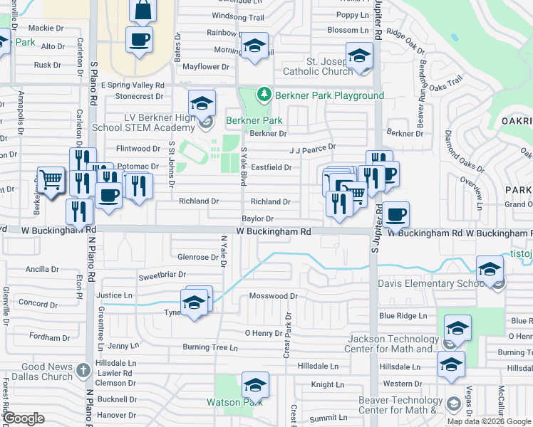 map of restaurants, bars, coffee shops, grocery stores, and more near 1806 Richland Drive in Richardson