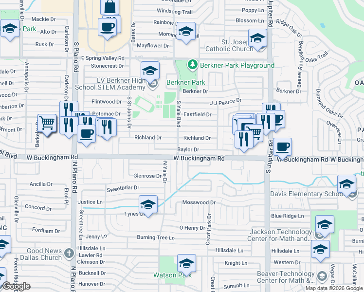 map of restaurants, bars, coffee shops, grocery stores, and more near 1806 Richland Drive in Richardson