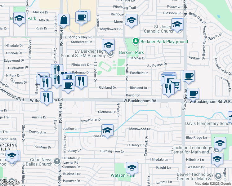 map of restaurants, bars, coffee shops, grocery stores, and more near 1700 Richland Drive in Richardson