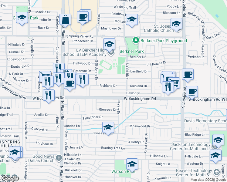 map of restaurants, bars, coffee shops, grocery stores, and more near 1700 Richland Drive in Richardson