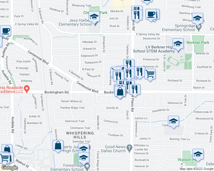 map of restaurants, bars, coffee shops, grocery stores, and more near 1216 Berkeley Drive in Richardson