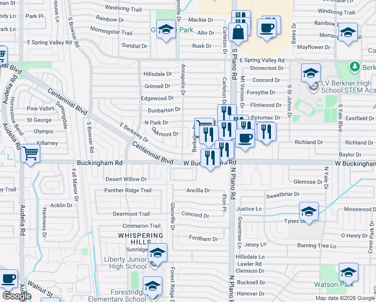 map of restaurants, bars, coffee shops, grocery stores, and more near 1216 Berkeley Drive in Richardson